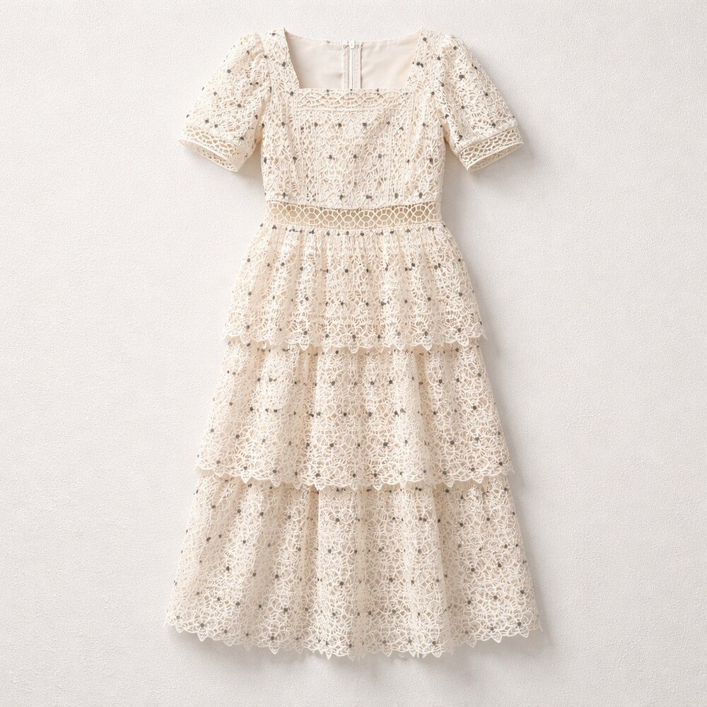 Just Me Cream Eyelet Lace Tiered Midi Dress - Picture 5 of 11